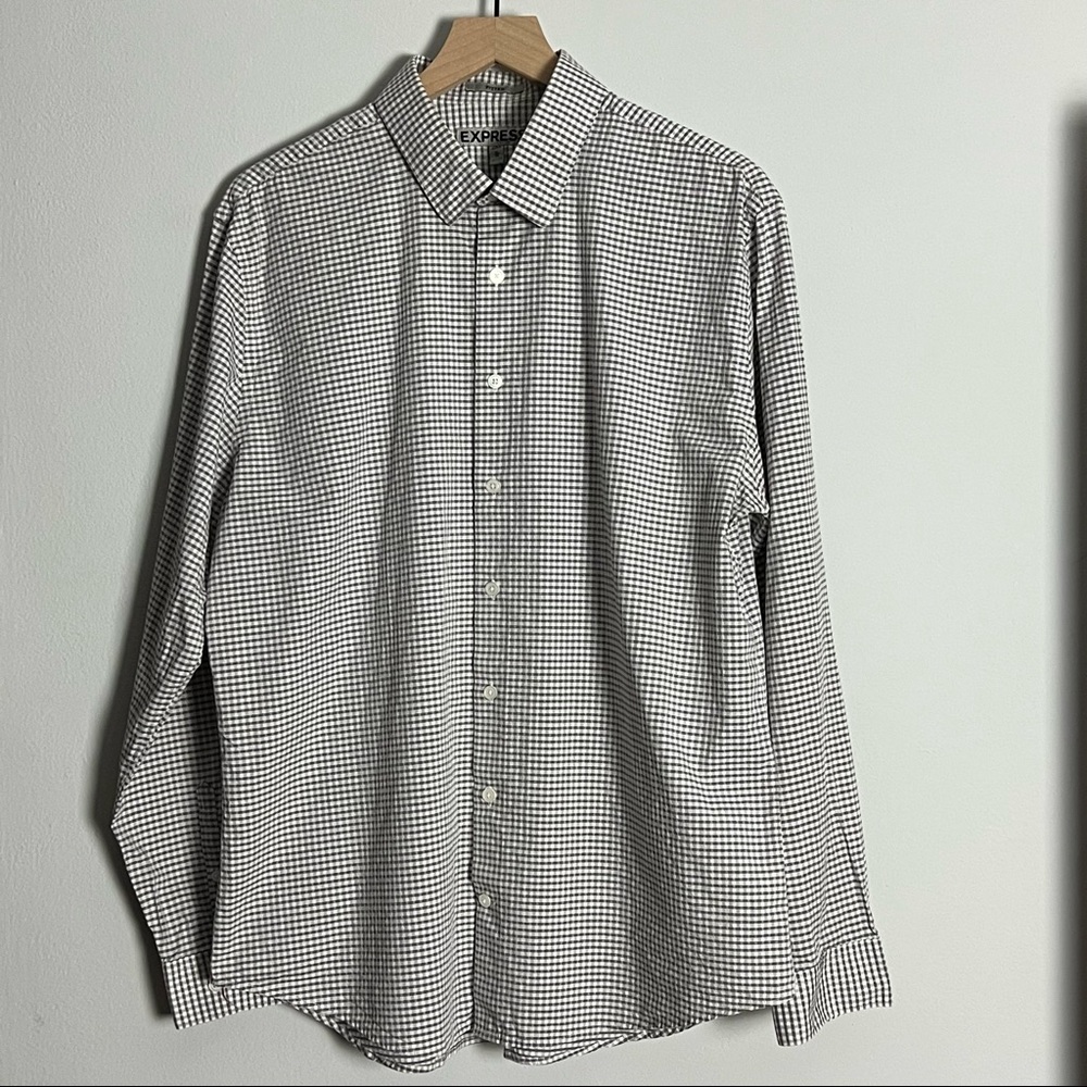 Express Men's Fitted Light Gray Gingham Plaid Button Down Shirt Size XL